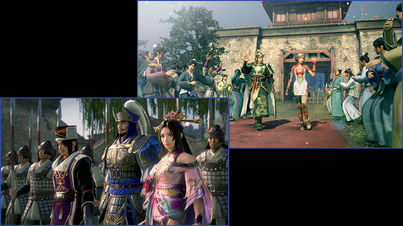 Two pictures with one showing a general and a woman entering a gate and the other a woman standing next to an officer